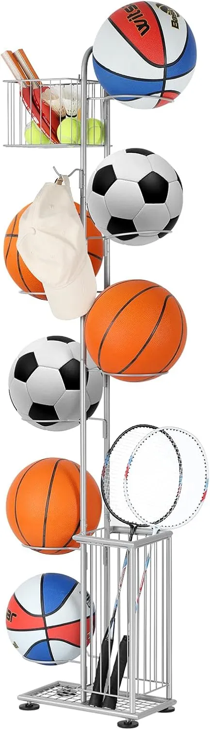 Garage Ball Storage Sports Equipment Organizer 7 Tier Basketball Rack Display Stand with Baskets and Hooks Freestanding Indoor & Outdoor Ball Rack Organizer Holder for Volleyball Football, Silver