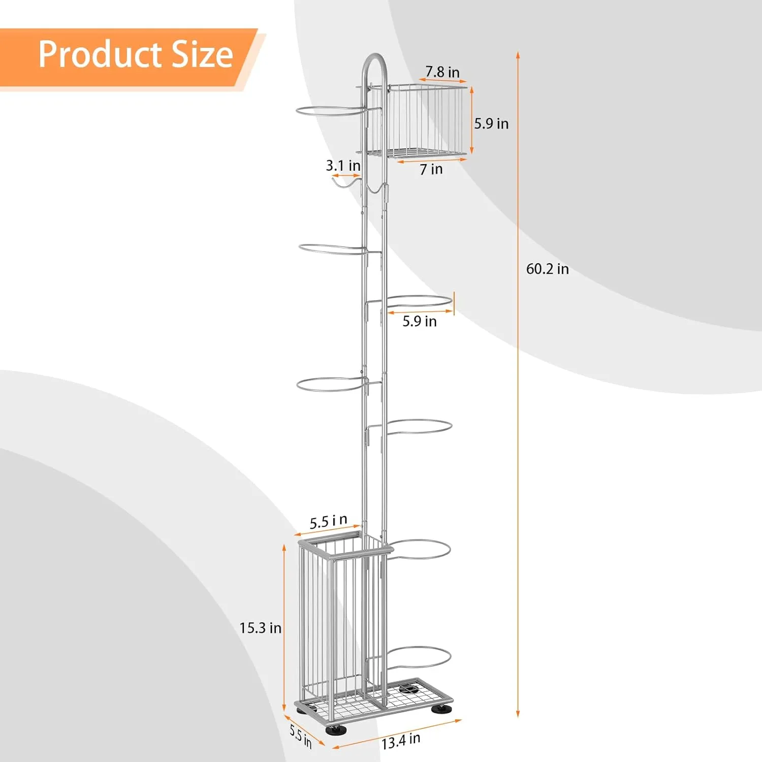 Garage Ball Storage Sports Equipment Organizer 7 Tier Basketball Rack Display Stand with Baskets and Hooks Freestanding Indoor & Outdoor Ball Rack Organizer Holder for Volleyball Football, Silver