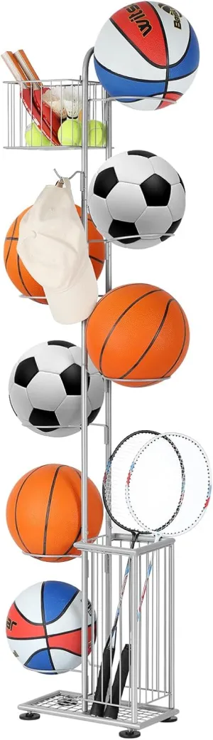 Garage Ball Storage Sports Equipment Organizer 7 Tier Basketball Rack Display Stand with Baskets and Hooks Freestanding Indoor & Outdoor Ball Rack Organizer Holder for Volleyball Football, Silver