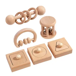 Garneck 1Set Montessori Activity Wooden Rattles with Bells for Sensory Development Shape Matching and Motor Skills Enhancement for Newborns