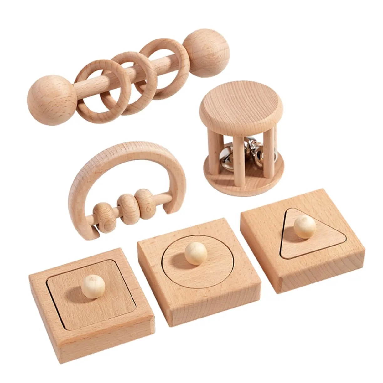 Garneck 1Set Montessori Activity Wooden Rattles with Bells for Sensory Development Shape Matching and Motor Skills Enhancement for Newborns