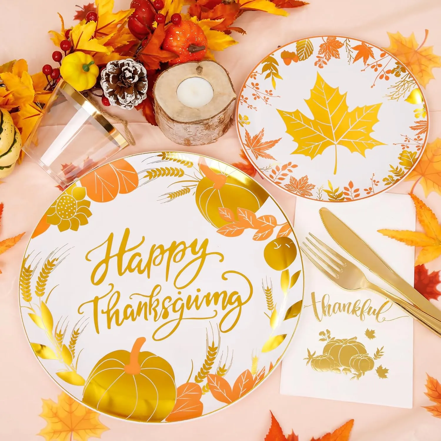 GATHER 176 Pieces Thanksgiving Plates- Disposable Gold Plastic Silverware- Thanksgiving Dinnerware with Maple Leaves Include 50 Plates 75Plastic Silverware 25Cups 25 Napkins and 1 Tablecloth