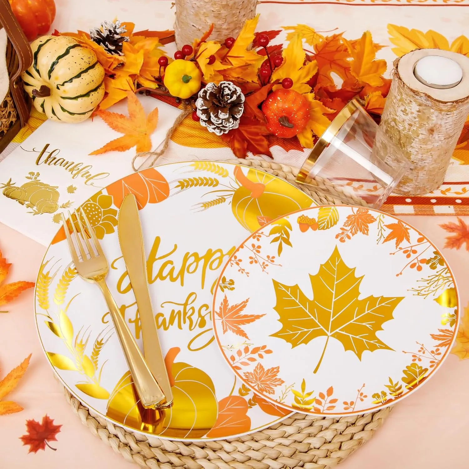 GATHER 176 Pieces Thanksgiving Plates- Disposable Gold Plastic Silverware- Thanksgiving Dinnerware with Maple Leaves Include 50 Plates 75Plastic Silverware 25Cups 25 Napkins and 1 Tablecloth