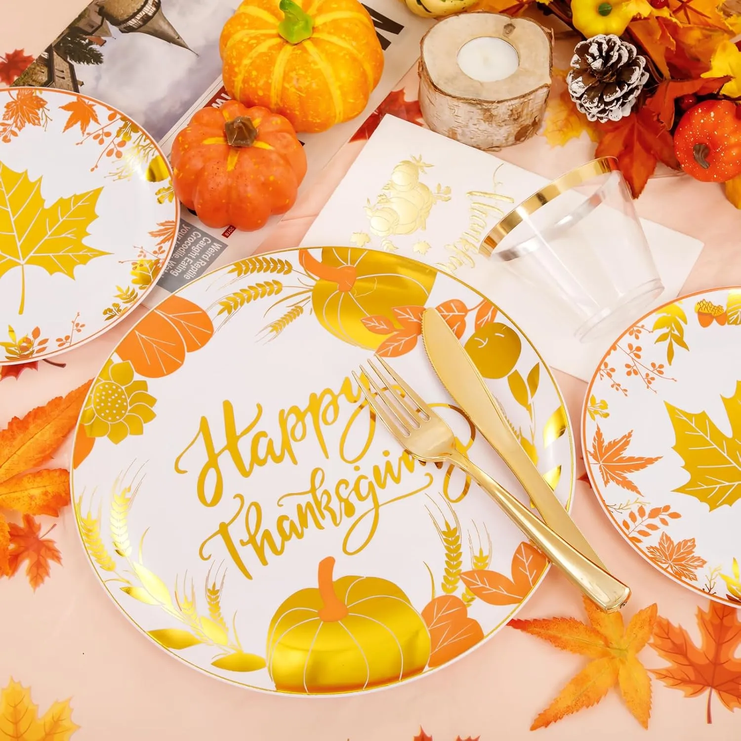 GATHER 176 Pieces Thanksgiving Plates- Disposable Gold Plastic Silverware- Thanksgiving Dinnerware with Maple Leaves Include 50 Plates 75Plastic Silverware 25Cups 25 Napkins and 1 Tablecloth