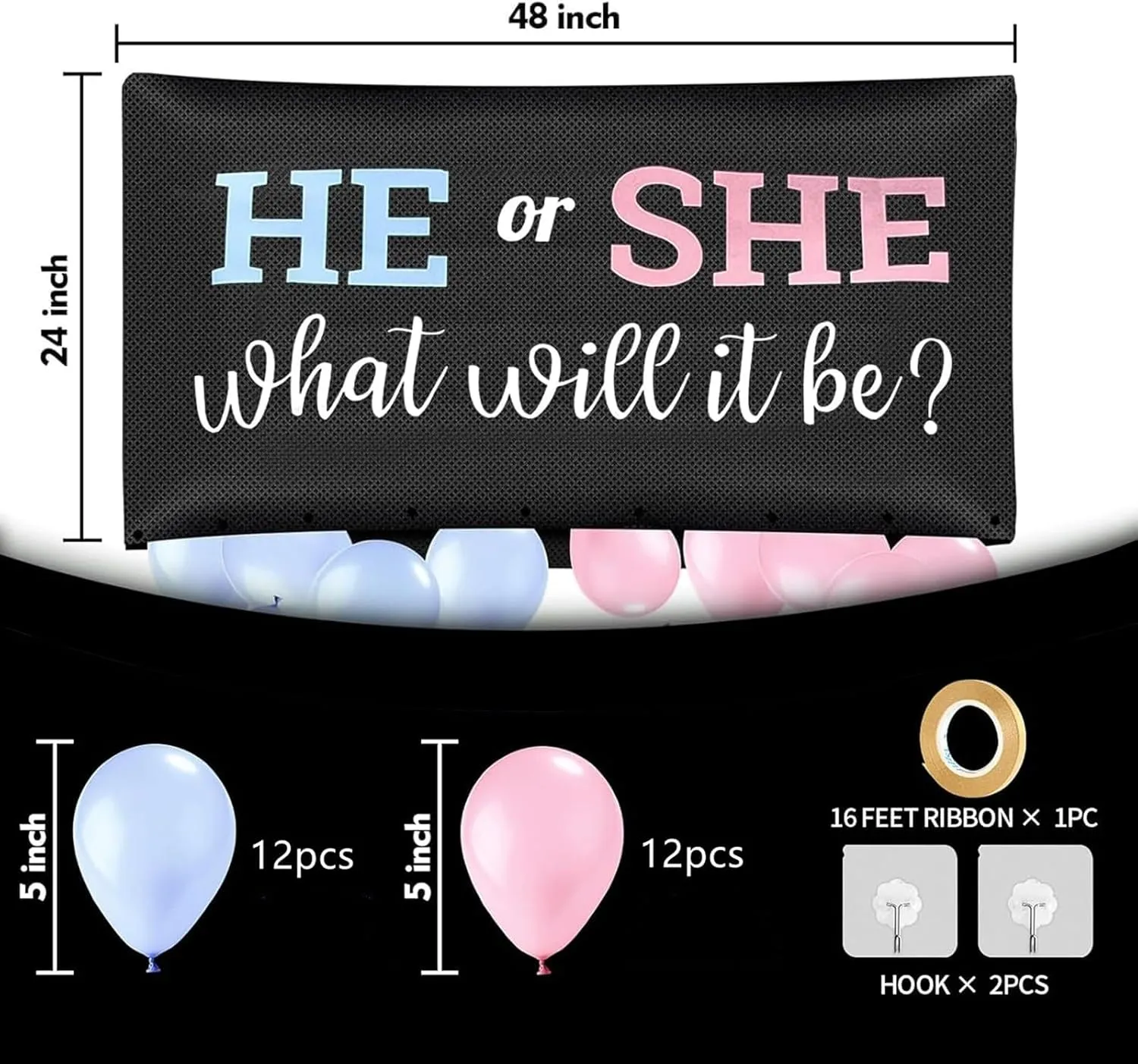 Gender Reveal Balloon Drop Bag - Boy or Girl Gender Reveal ideas Dropback Decoration Kits Baby Shower Party Supplies, How Will You Say I Do Banner (He or She)