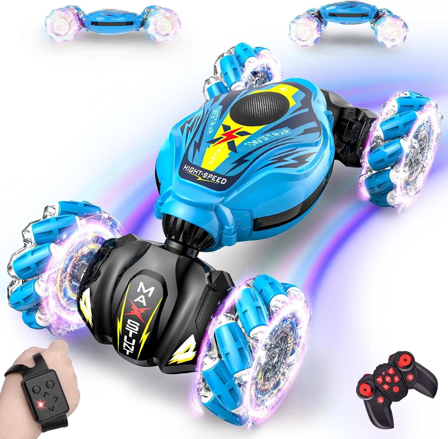Gesture Sensing RC Stunt Car, Hand Controlled and 2.4GHz Remote Control Toys Car with Light Music, 360° Rotation Gesture Sensor Toys for 3 4 5 6 7 8 Year Old Kids Boys Girls Gifts (Blue)