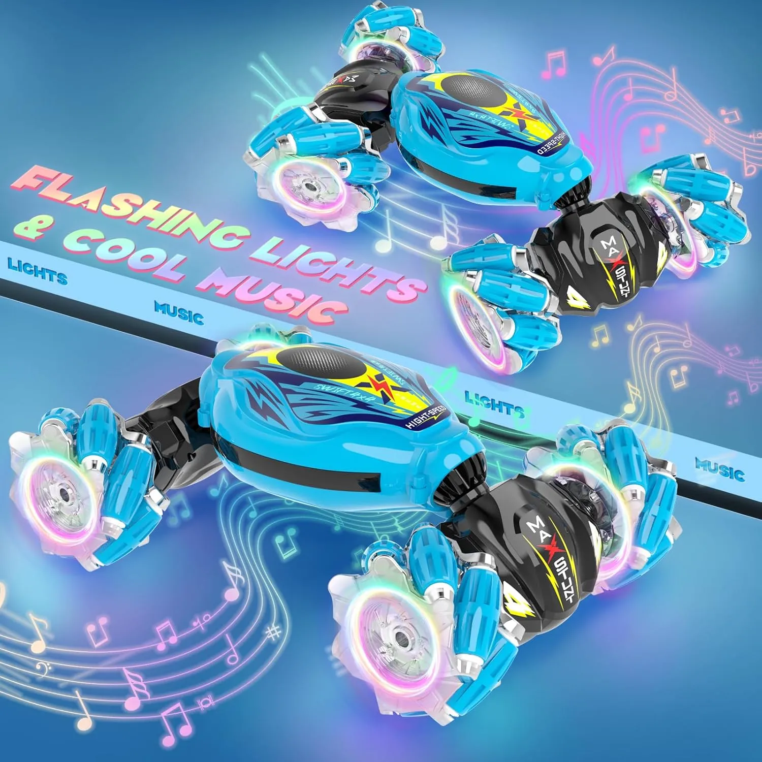 Gesture Sensing RC Stunt Car, Hand Controlled and 2.4GHz Remote Control Toys Car with Light Music, 360° Rotation Gesture Sensor Toys for 3 4 5 6 7 8 Year Old Kids Boys Girls Gifts (Blue)