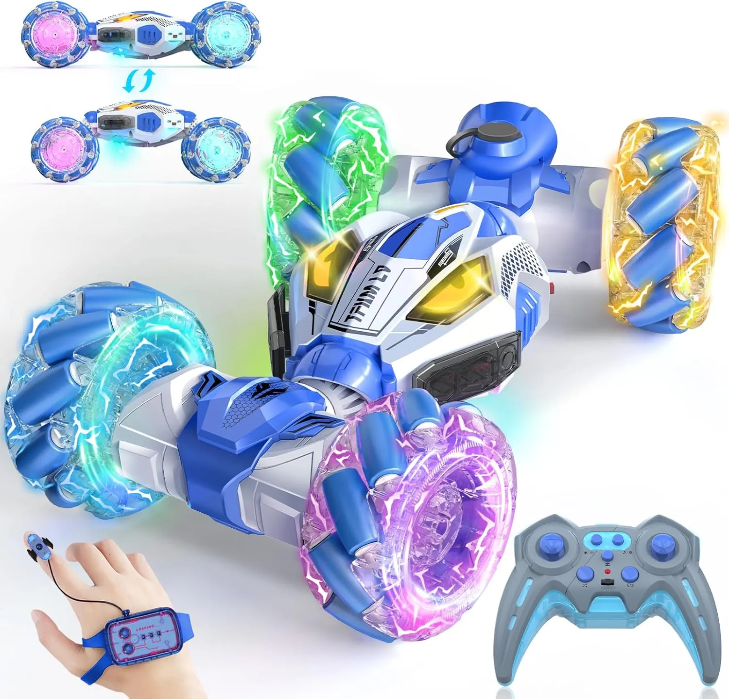 Gesture Sensing RC Stunt Cars - Toys for Boys Girls 6-12 | Best Gifts for Kids 6-12 Years Old | 4WD 360° Rotating Remote Control Transform Car | All-Terrain Off Road Vehicle with Lights Music Blue