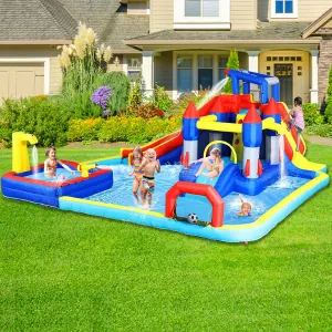 Giant 10-in-1 Inflatable Water Park Combo: Large Bounce House Water Slide with Dual Splash Pools, Climbing Wall, Basketball Hoop, Soccer Goal & Water Guns - Super-Sized 227" Backyard Fun for Kids