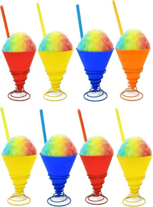 Gift Boutique Reusable Silicone Snow Cone Cup Set 8 Pack Leakproof Cups & Spoon Straws with Metal Holders for Summer Cookout Party Kid Friendly, for Slushies Shaved Ice & Ice Cream, 7 oz
