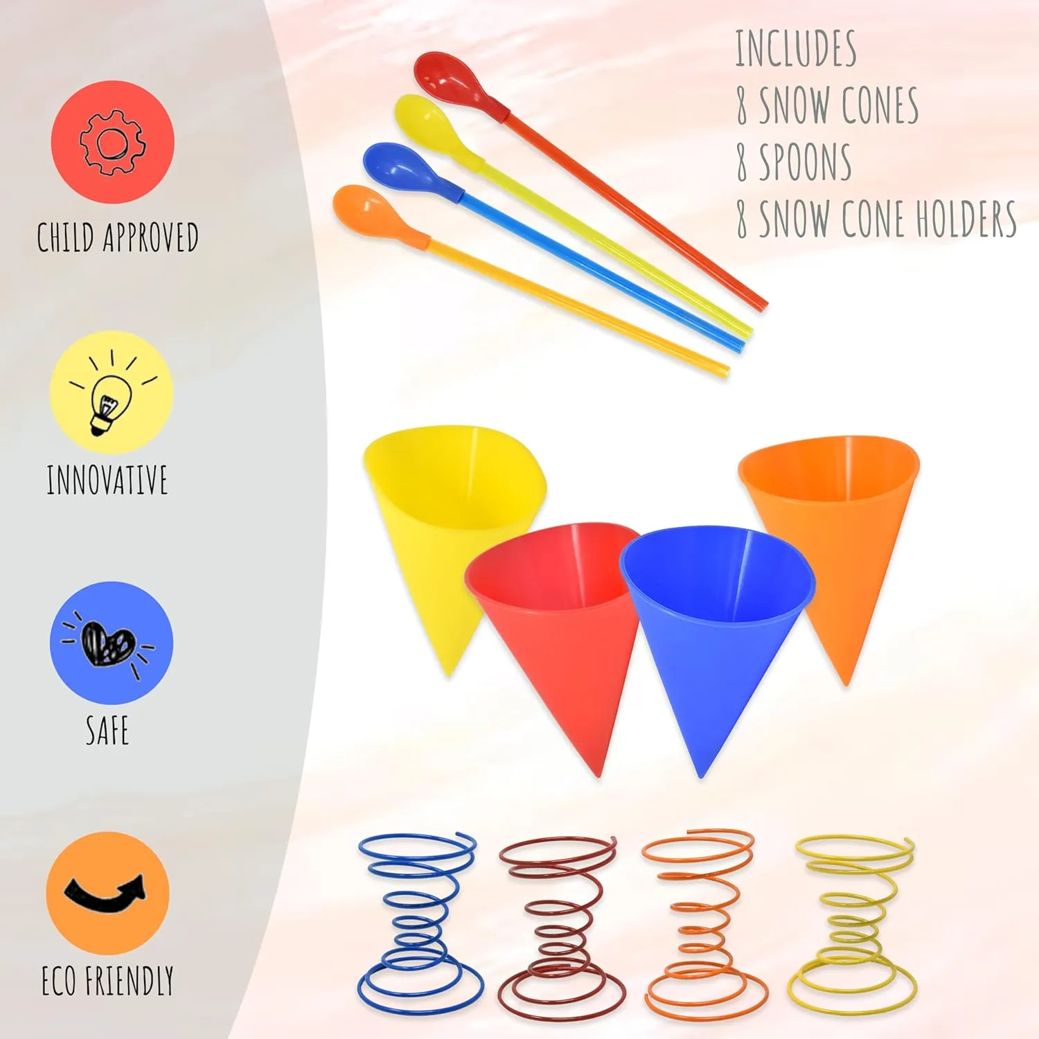 Gift Boutique Reusable Silicone Snow Cone Cup Set 8 Pack Leakproof Cups & Spoon Straws with Metal Holders for Summer Cookout Party Kid Friendly, for Slushies Shaved Ice & Ice Cream, 7 oz