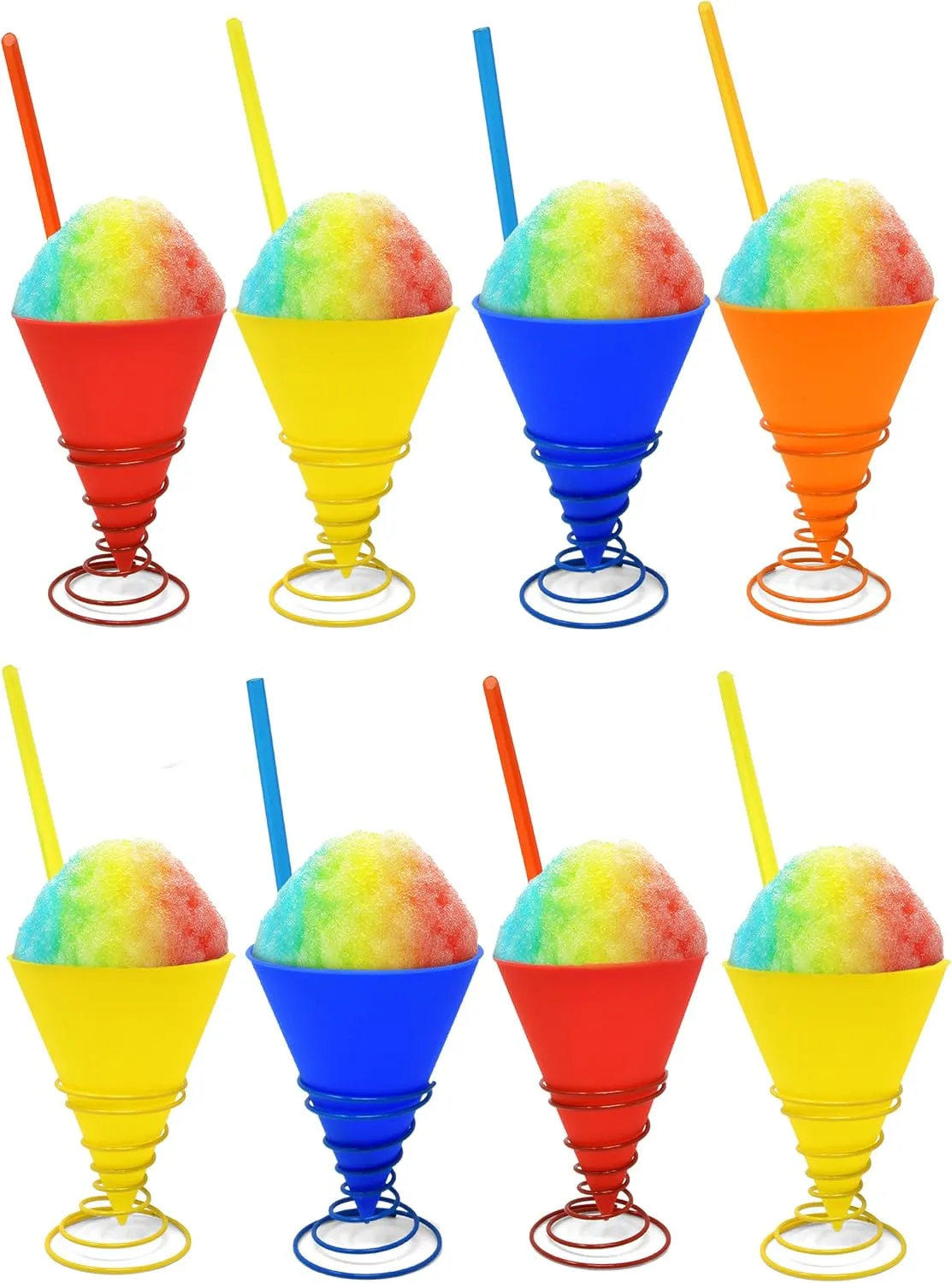 Gift Boutique Reusable Silicone Snow Cone Cup Set 8 Pack Leakproof Cups & Spoon Straws with Metal Holders for Summer Cookout Party Kid Friendly, for Slushies Shaved Ice & Ice Cream, 7 oz