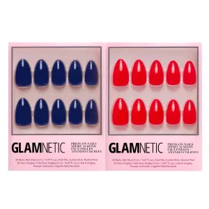 Glamnetic Press-On Nails Bundle - Midnight Blue & Fiery Red | Dark Navy Blue Short Almond False Nails | Bright Red Short Almond Fake Nails | Reusable, Salon-Quality Nail Kits