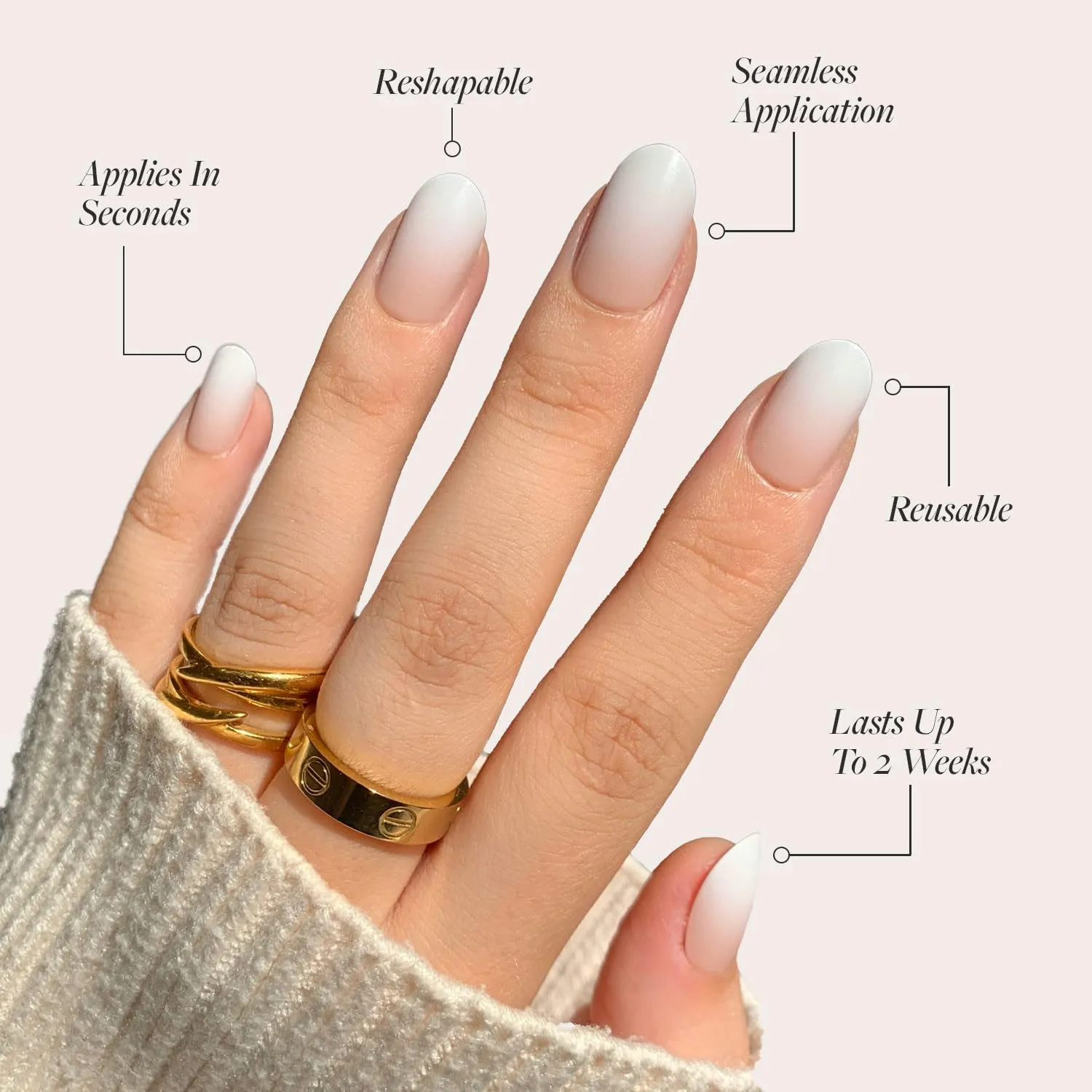Glamnetic Press On Nails - Creamer | UV Finish Neutral Ombre Short Round Nails, Reusable | 15 Sizes - 30 Nail Kit with Glue