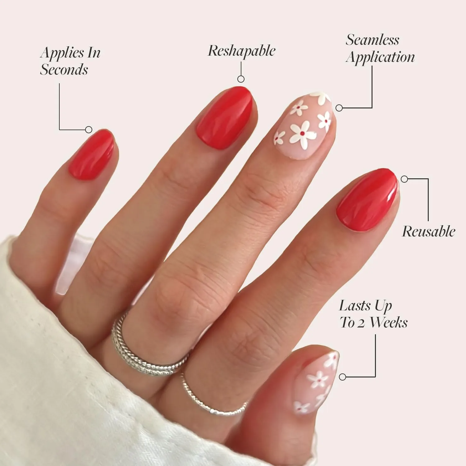 Glamnetic Press On Nails - Red Blossom | Short Oval Nails with Floral Accents, Reusable Stick On Fake Nails with Glue | Love In Bloom Valentine’s Nails | 15 Sizes - 30 Nail Kit with Glue