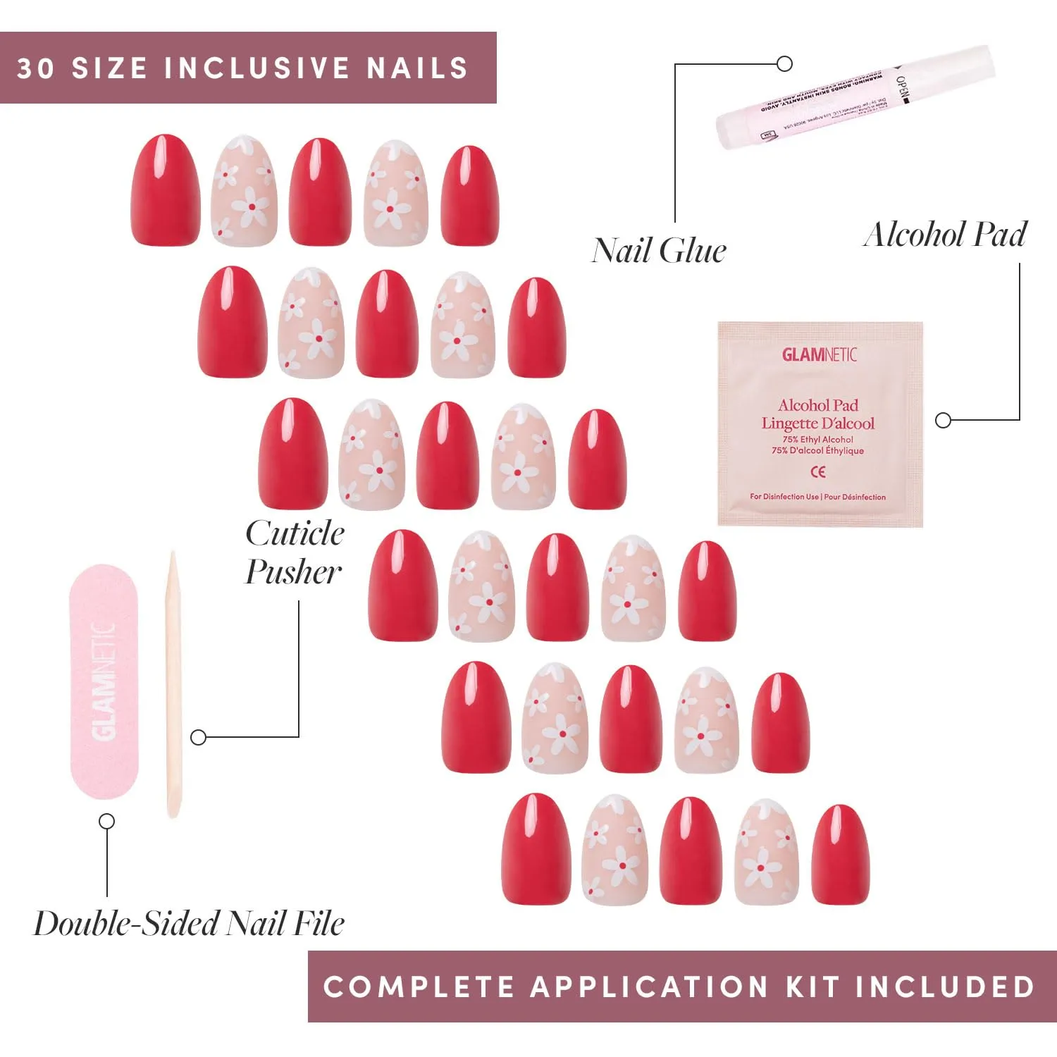 Glamnetic Press On Nails - Red Blossom | Short Oval Nails with Floral Accents, Reusable Stick On Fake Nails with Glue | Love In Bloom Valentine’s Nails | 15 Sizes - 30 Nail Kit with Glue