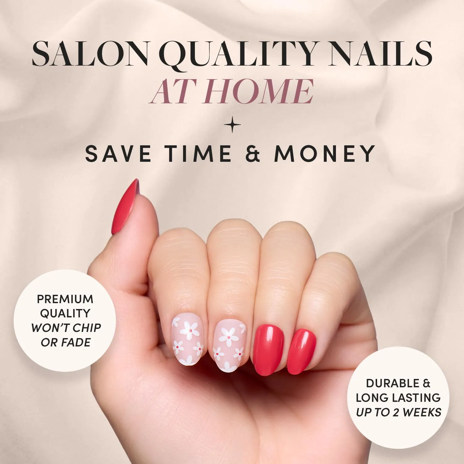 Glamnetic Press On Nails - Red Blossom | Short Oval Nails with Floral Accents, Reusable Stick On Fake Nails with Glue | Love In Bloom Valentine’s Nails | 15 Sizes - 30 Nail Kit with Glue