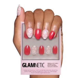 Glamnetic Press On Nails - Red Blossom | Short Oval Nails with Floral Accents, Reusable Stick On Fake Nails with Glue | Love In Bloom Valentine’s Nails | 15 Sizes - 30 Nail Kit with Glue
