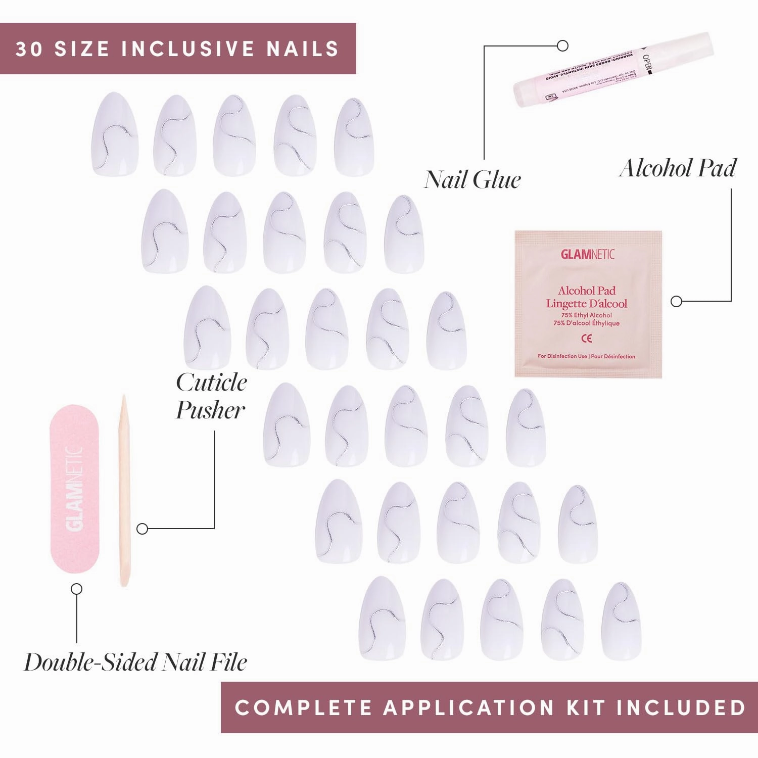 Glamnetic Press On Nails - Silent Night | Short Almond White Nails with 3D Silver Foil in a Glossy Finish | 15 Sizes - 30 Nail Kit with Glue