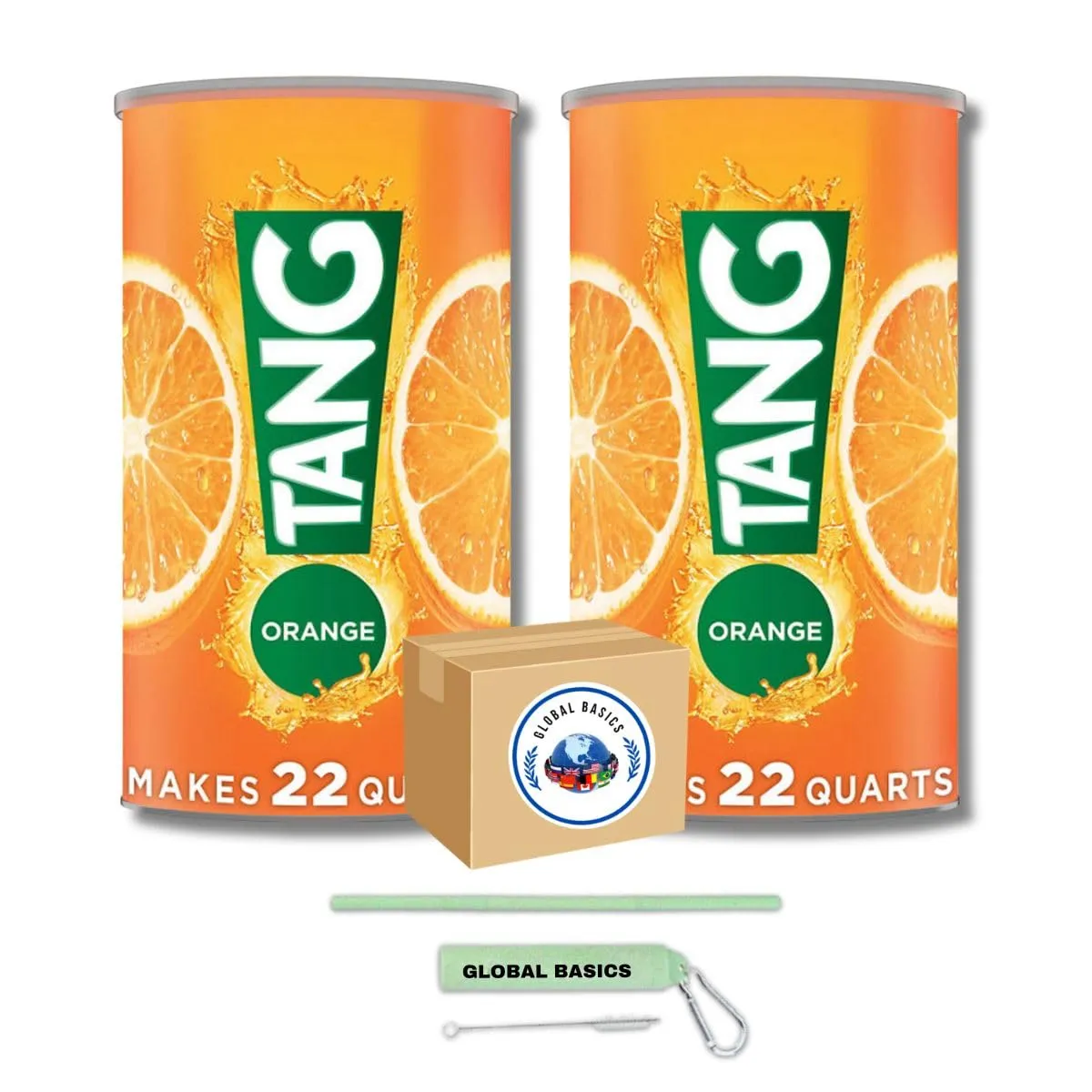 Global Basics Tang Orange Flavored Powdered Drink Mix | Pack of 2 | 72 oz Per Canister - 144 oz TOTAL | Includes A Global Basics Reusable Straw Set!