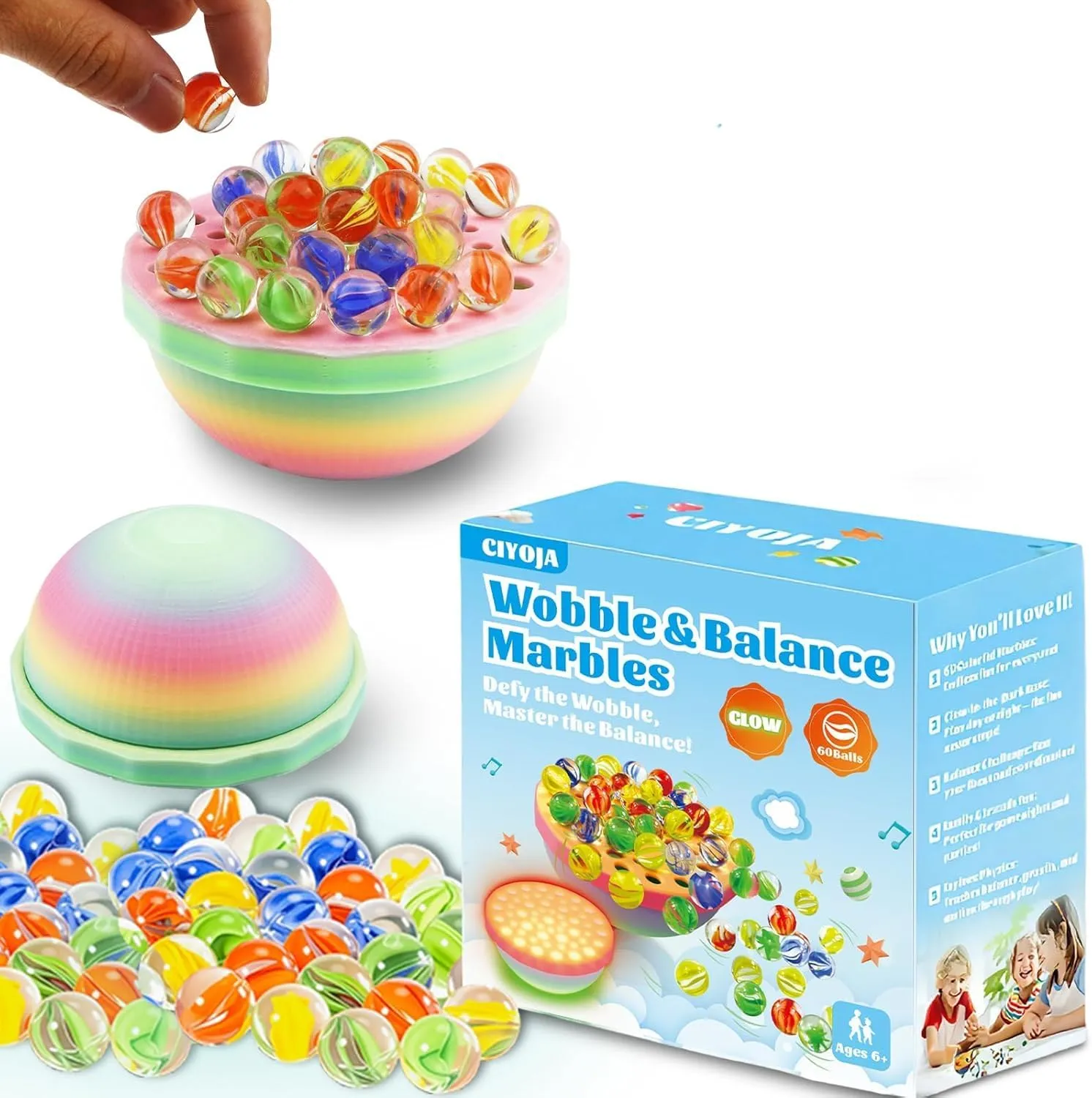 Glow-in-The-Dark Marble Balance Game: 60 Colorful Marbles Rainbow Base, Fun Family Board Game for 1-6 Players, Educational Toy for Kids Teens Adults, Perfect for Birthday Party Travel