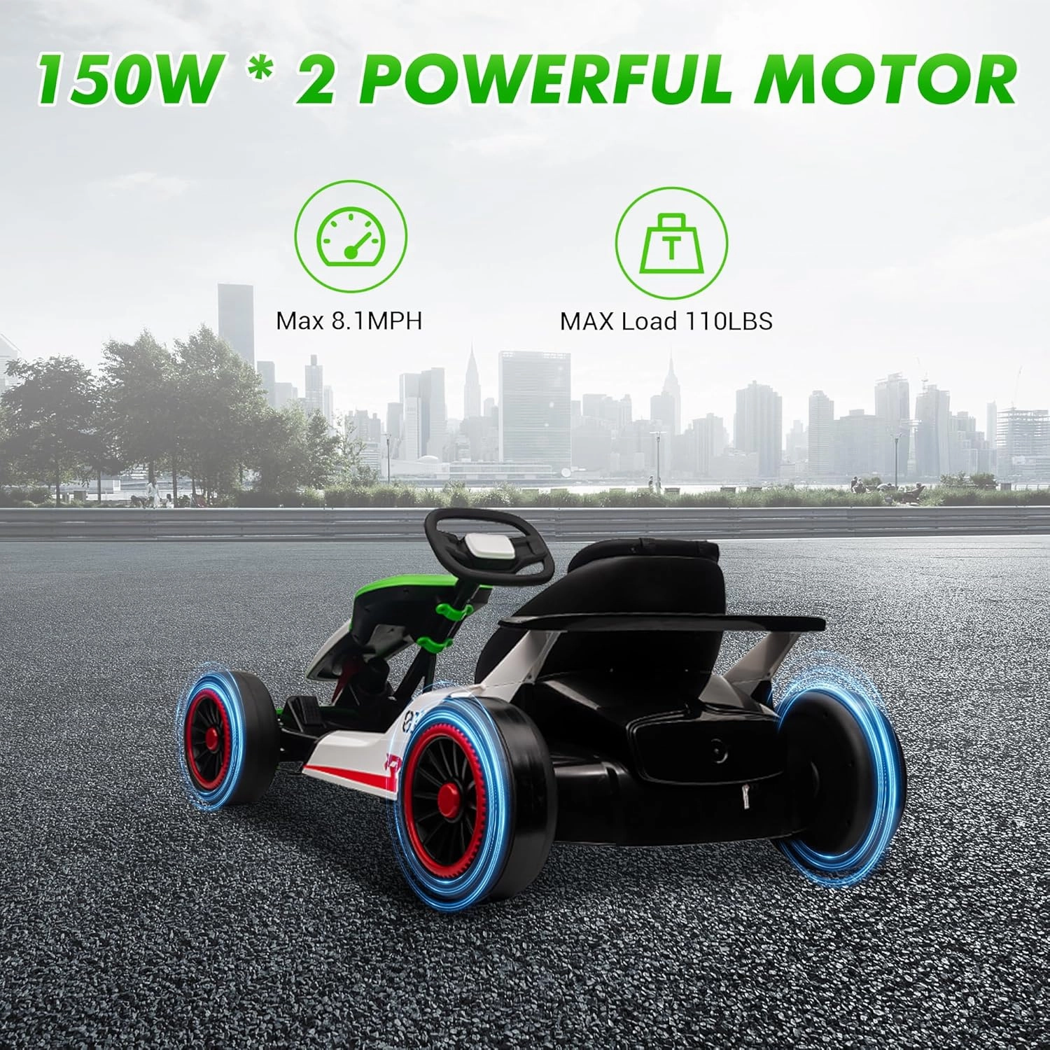 Go Kart, Electric Drift Kart Car with Adjustable Seat, 24V 7Ah Outdoor Ride On Toy, 2 * 200W Motor, 8.1 MPH, LED Lights, Toy Race Car for Kids 6-12 Years Old