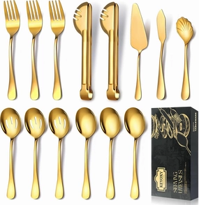 Gold Serving Utensils,14 Pcs Stainless Steel Serving Utensil with Serving Spoon,Slotted Spoons,Forks,Serving Tongs,Pie Server,Butter Knife,Sugar spoon Serving Utensils Set for Parties,Buffet