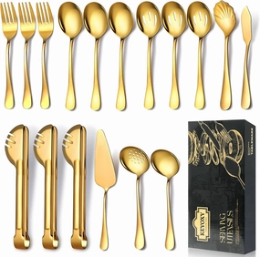 Gold Serving Utensils,17 Pcs Stainless Steel Serving Utensil with Serving Spoon,Slotted Spoons,Forks,Soup Ladle,Serving Tongs,Pie Server,Butter Knife Serving Utensils Set for Parties,Buffet