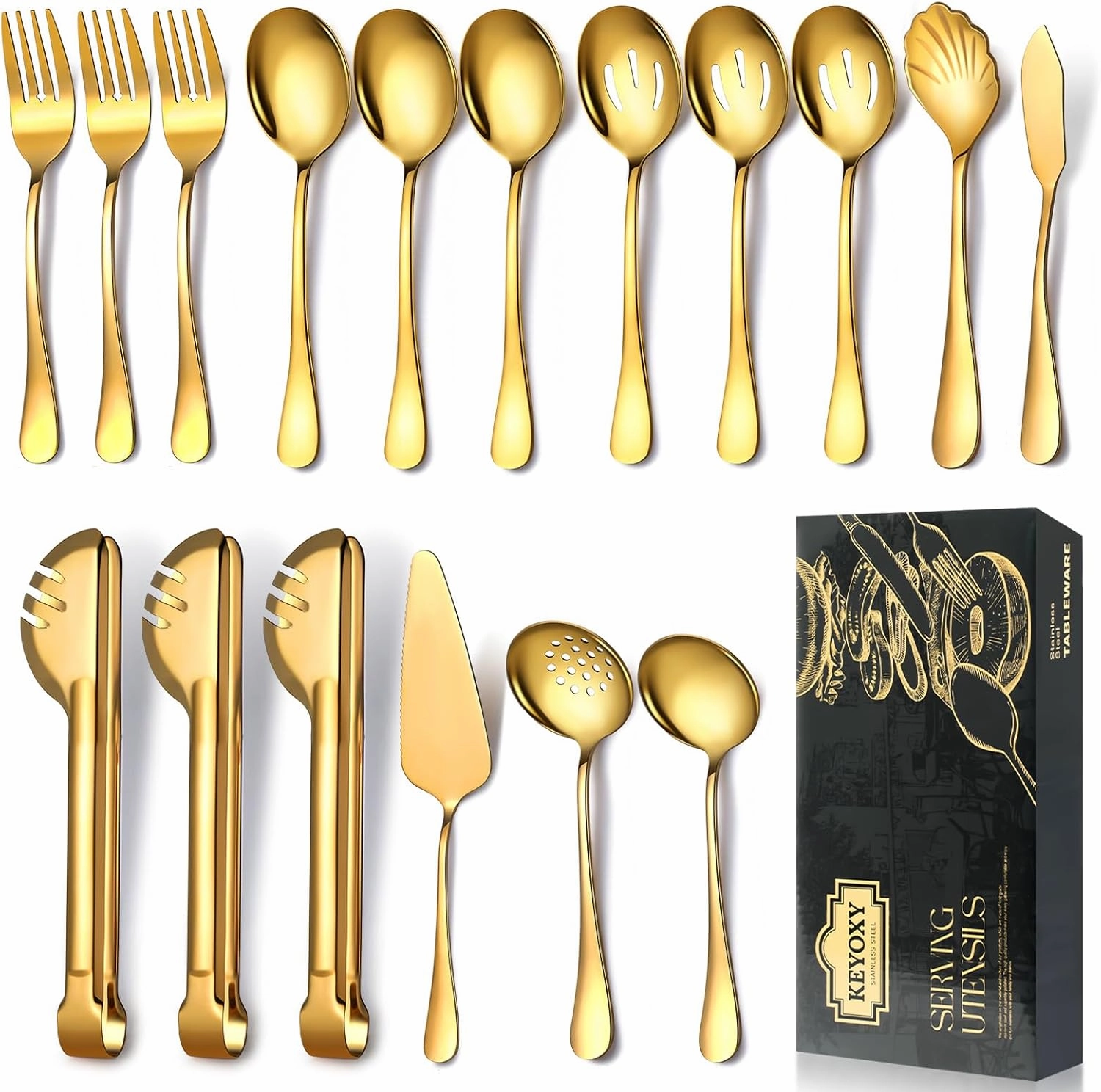 Gold Serving Utensils,17 Pcs Stainless Steel Serving Utensil with Serving Spoon,Slotted Spoons,Forks,Soup Ladle,Serving Tongs,Pie Server,Butter Knife Serving Utensils Set for Parties,Buffet