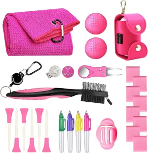 Golf Accessories Kit 20 PCS Pink Golf Gift Set - Golf Towel, Ball Marker, Pins, Golf Club Cleaner, Pink Golf Balls w/Holder, Ball Alignment Kit, Divot Repair, Plastic Tees, All Pink Kit