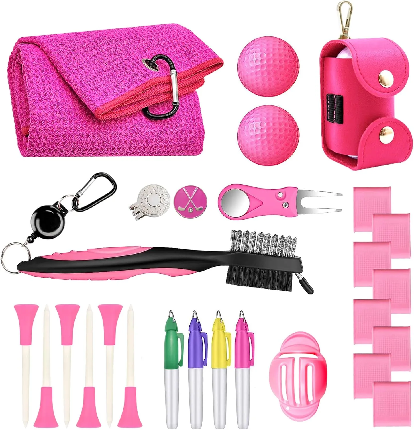 Golf Accessories Kit 20 PCS Pink Golf Gift Set - Golf Towel, Ball Marker, Pins, Golf Club Cleaner, Pink Golf Balls w/Holder, Ball Alignment Kit, Divot Repair, Plastic Tees, All Pink Kit