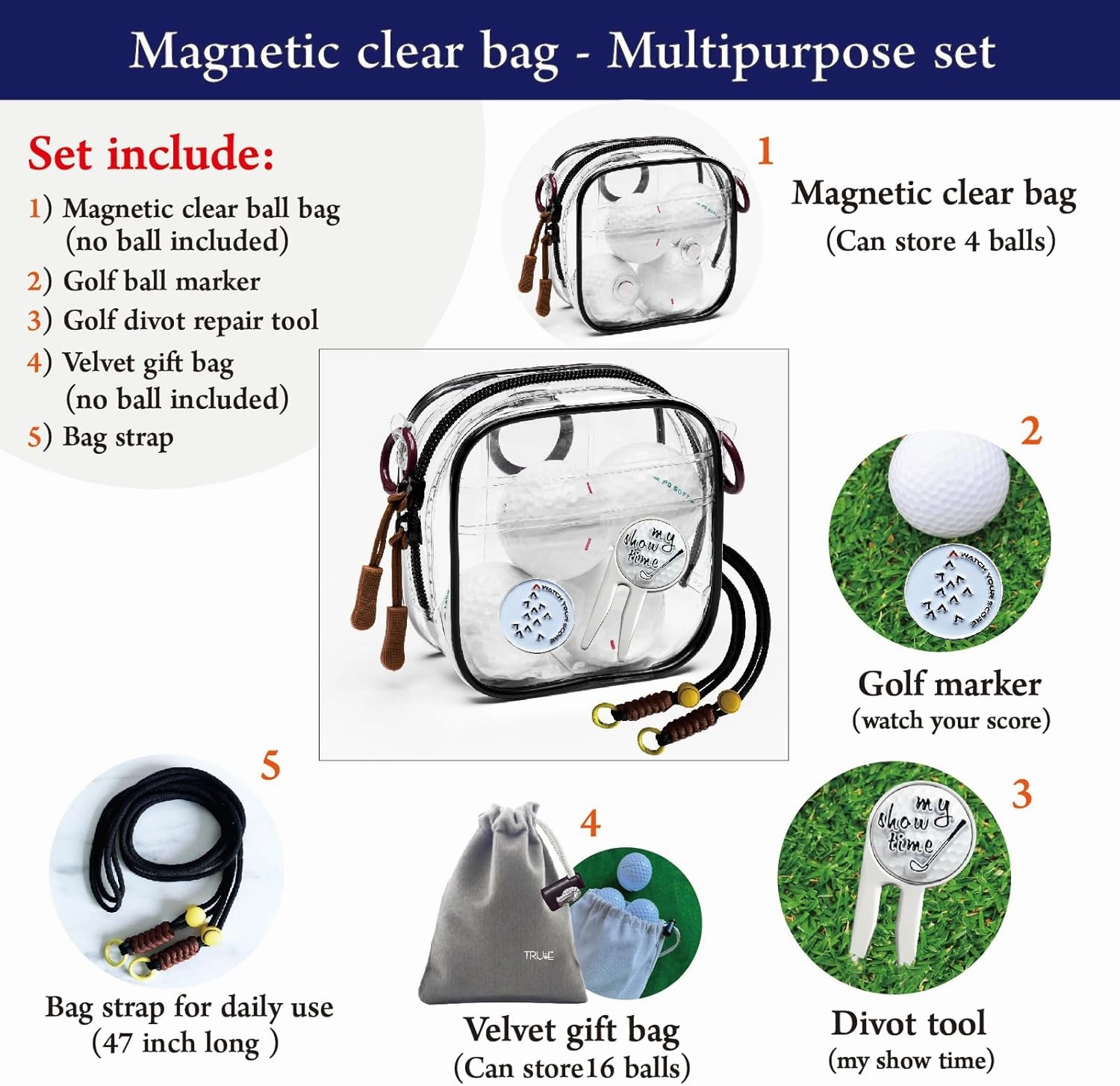 Golf Ball Marker and Golf Divot Tool with Magnetic Clear Golf Ball Bag, Multipurpose Set, Golf tee, Golf Ball Holder Bag, Golf Accessories, Golf Gifts for Men Women