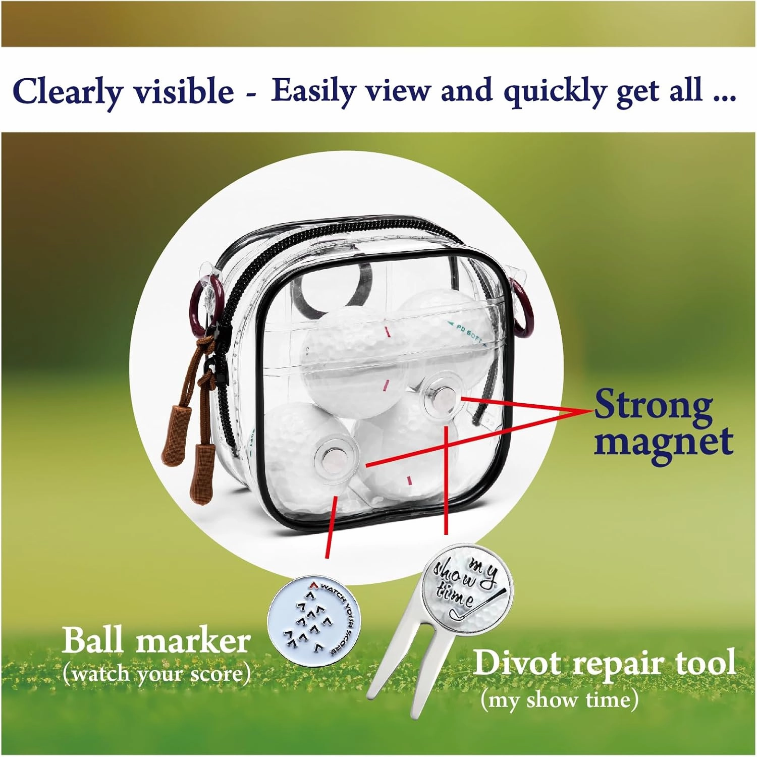 Golf Ball Marker and Golf Divot Tool with Magnetic Clear Golf Ball Bag, Multipurpose Set, Golf tee, Golf Ball Holder Bag, Golf Accessories, Golf Gifts for Men Women
