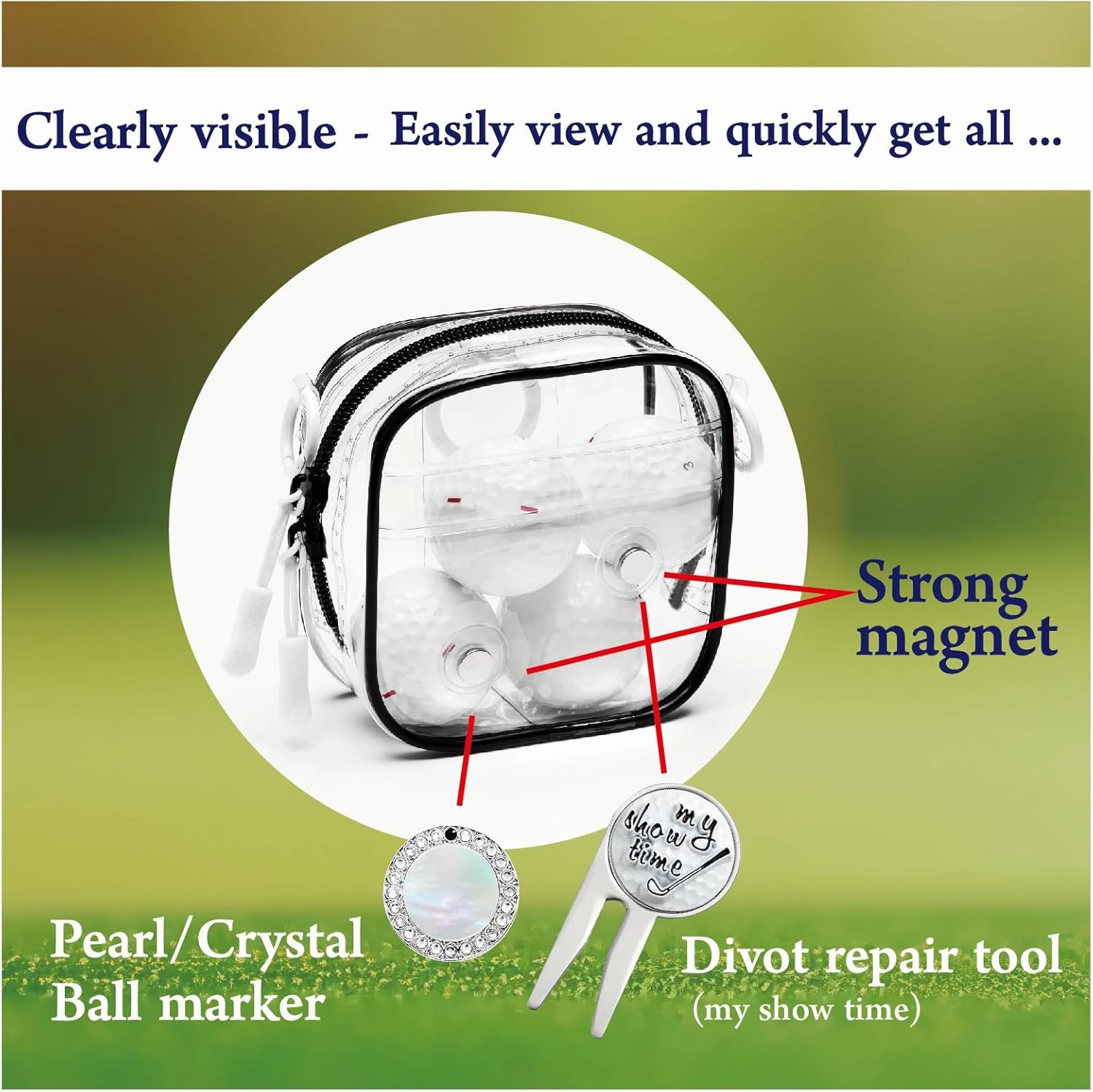 Golf Ball Marker and Golf Divot Tool with Magnetic Clear Golf Ball Bag, Multipurpose Set, Golf tee, Golf Ball Holder Bag, Golf Accessories, Golf Gifts for Men Women