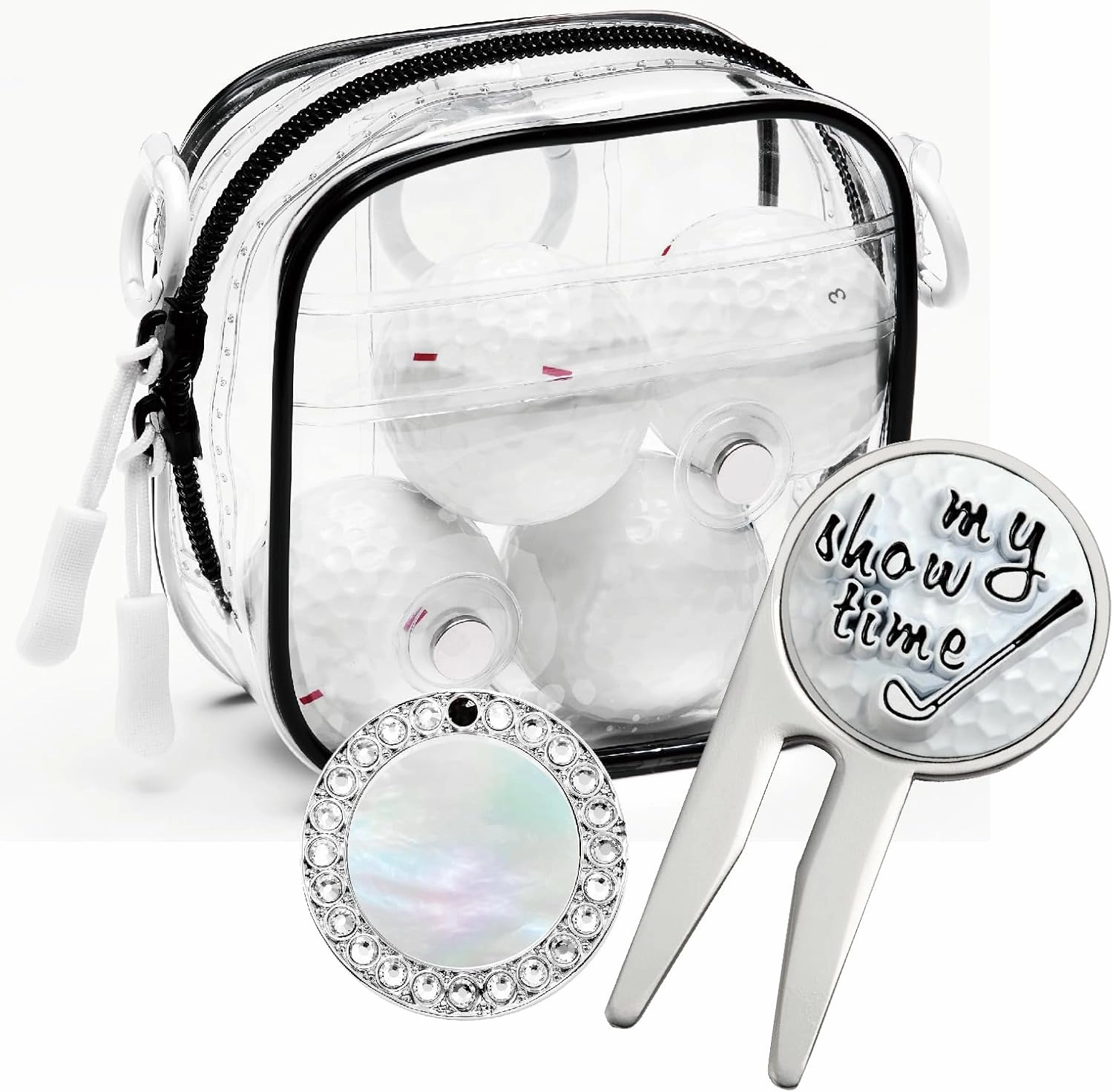 Golf Ball Marker and Golf Divot Tool with Magnetic Clear Golf Ball Bag, Multipurpose Set, Golf tee, Golf Ball Holder Bag, Golf Accessories, Golf Gifts for Men Women