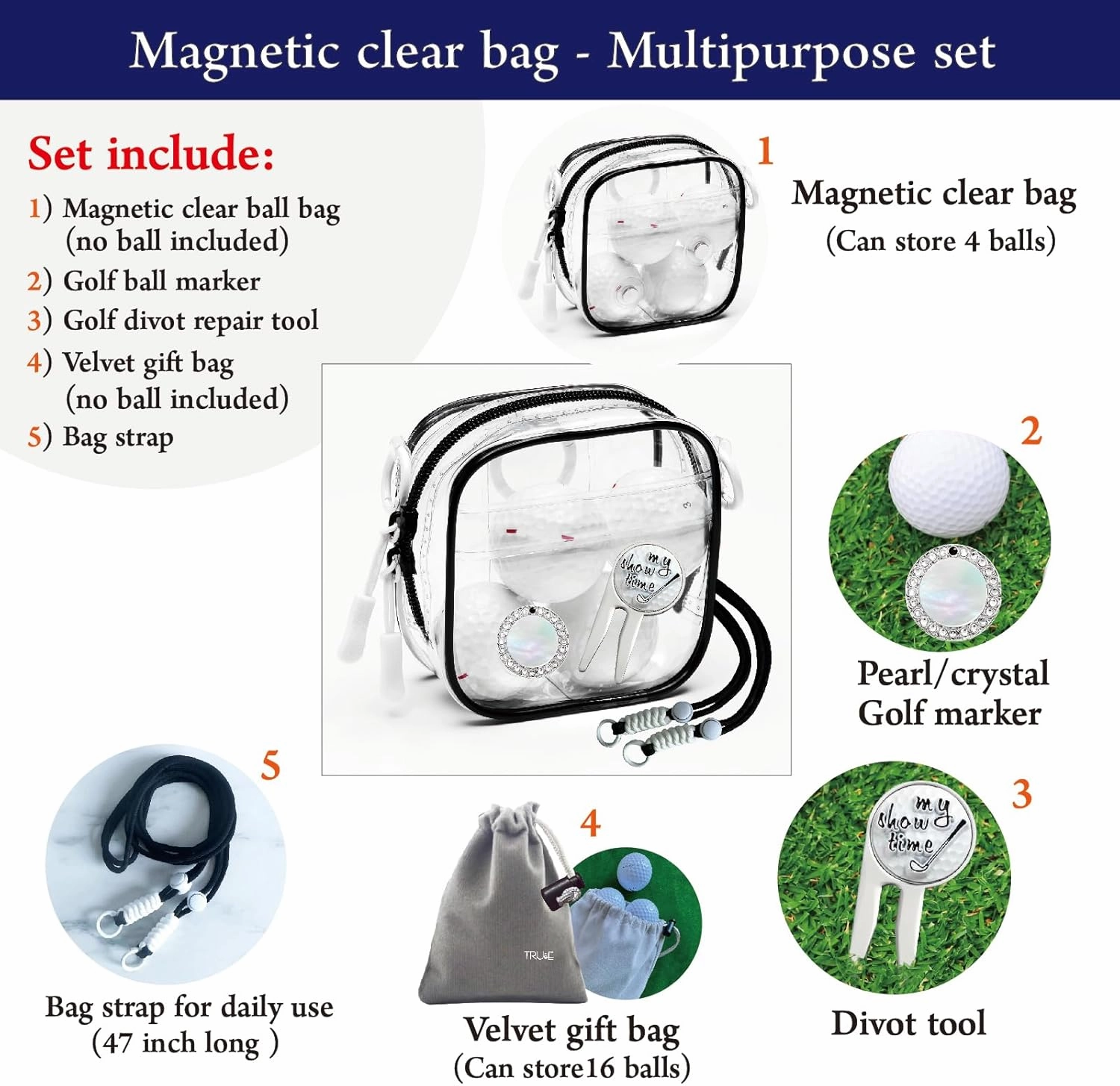 Golf Ball Marker and Golf Divot Tool with Magnetic Clear Golf Ball Bag, Multipurpose Set, Golf tee, Golf Ball Holder Bag, Golf Accessories, Golf Gifts for Men Women