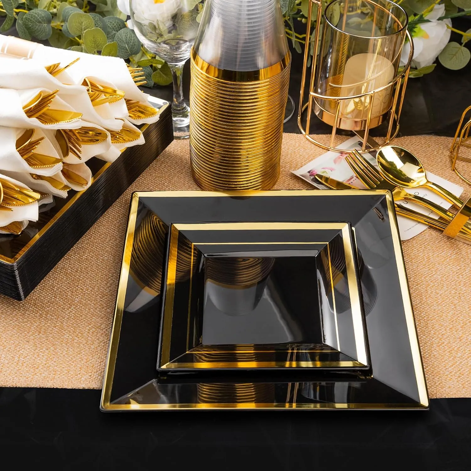 Goodluck 352-Piece Dinnerware Set for 50 Guests - Black Square Plastic Plates with Gold Trim, Includes: 100 Plates, 50 Rolled Napkins, 50 Cups, 50 Cutlery Set and 2 Tablecloths