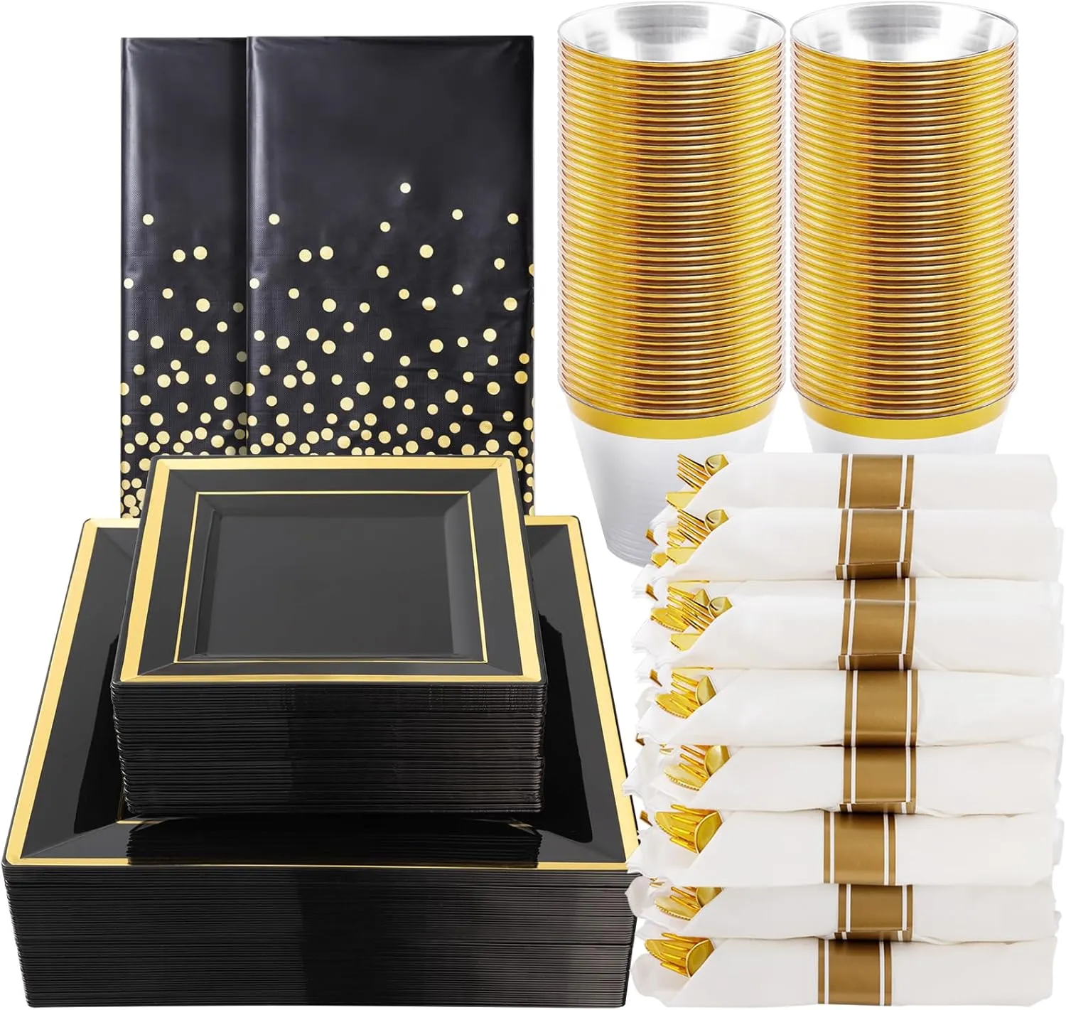 Goodluck 352-Piece Dinnerware Set for 50 Guests - Black Square Plastic Plates with Gold Trim, Includes: 100 Plates, 50 Rolled Napkins, 50 Cups, 50 Cutlery Set and 2 Tablecloths