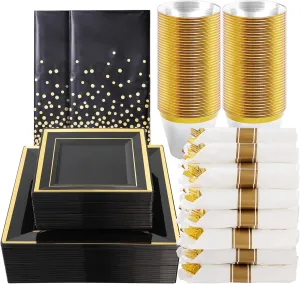 Goodluck 352-Piece Dinnerware Set for 50 Guests - Black Square Plastic Plates with Gold Trim, Includes: 100 Plates, 50 Rolled Napkins, 50 Cups, 50 Cutlery Set and 2 Tablecloths
