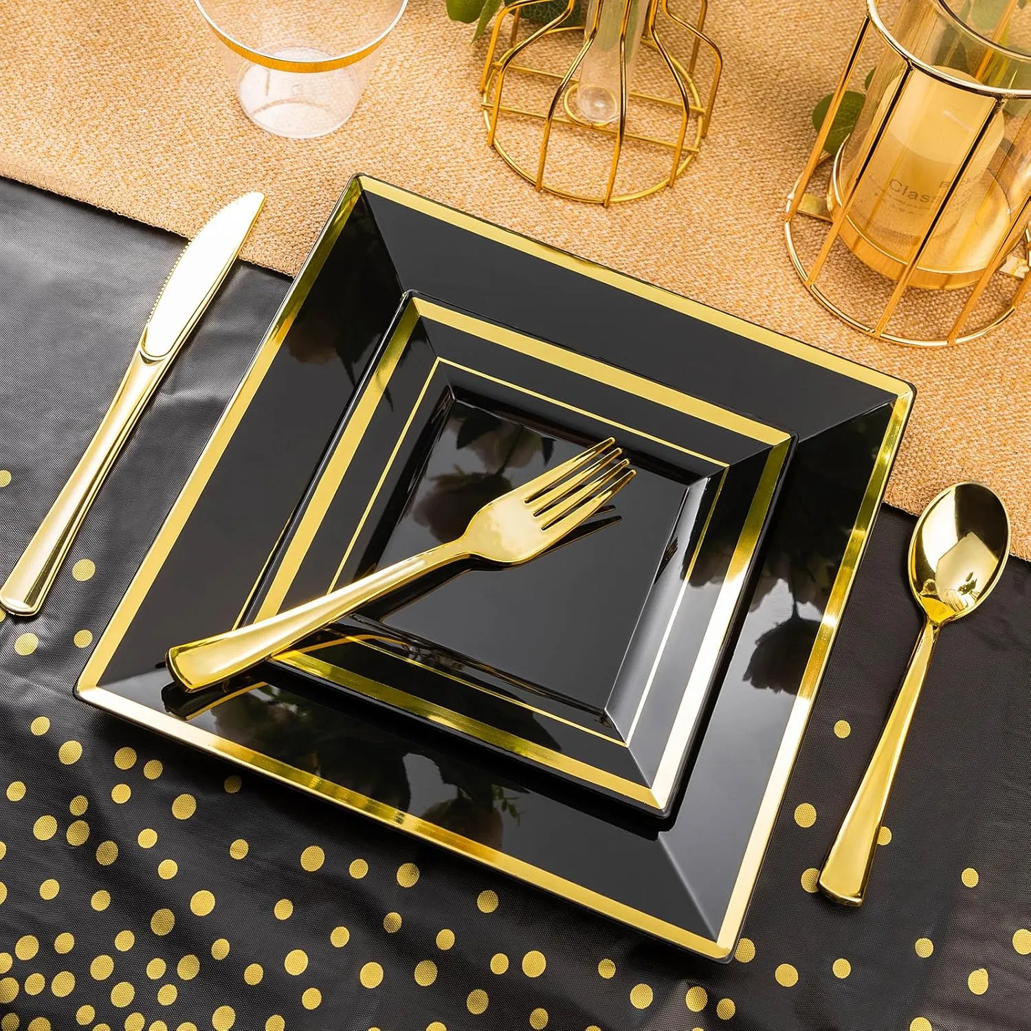 Goodluck 352-Piece Dinnerware Set for 50 Guests - Black Square Plastic Plates with Gold Trim, Includes: 100 Plates, 50 Rolled Napkins, 50 Cups, 50 Cutlery Set and 2 Tablecloths