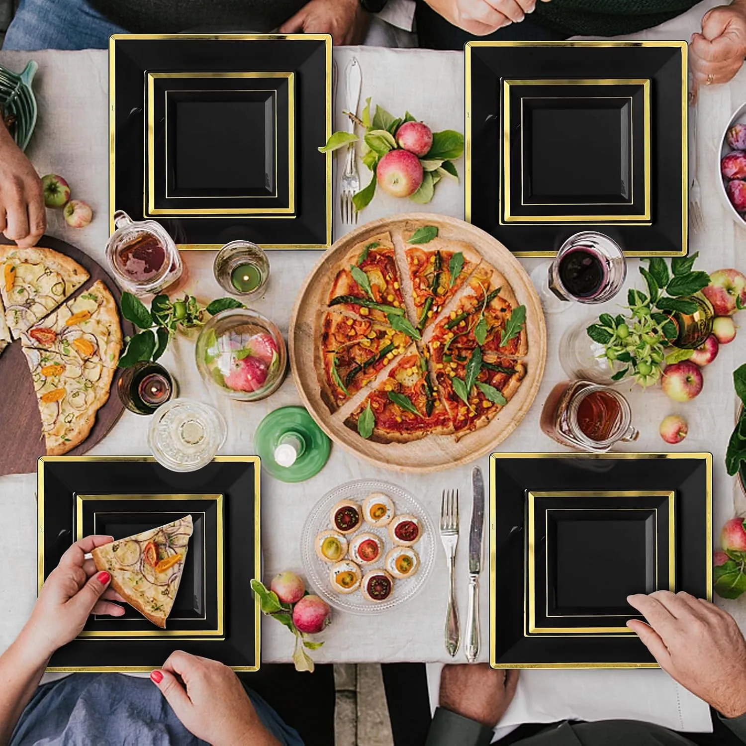 Goodluck 352-Piece Dinnerware Set for 50 Guests - Black Square Plastic Plates with Gold Trim, Includes: 100 Plates, 50 Rolled Napkins, 50 Cups, 50 Cutlery Set and 2 Tablecloths