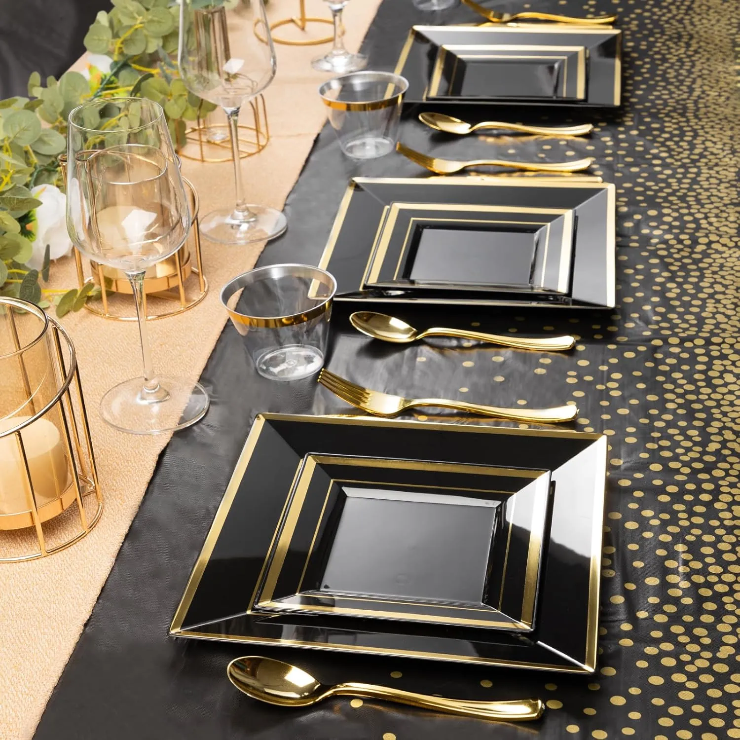 Goodluck 352-Piece Dinnerware Set for 50 Guests - Black Square Plastic Plates with Gold Trim, Includes: 100 Plates, 50 Rolled Napkins, 50 Cups, 50 Cutlery Set and 2 Tablecloths