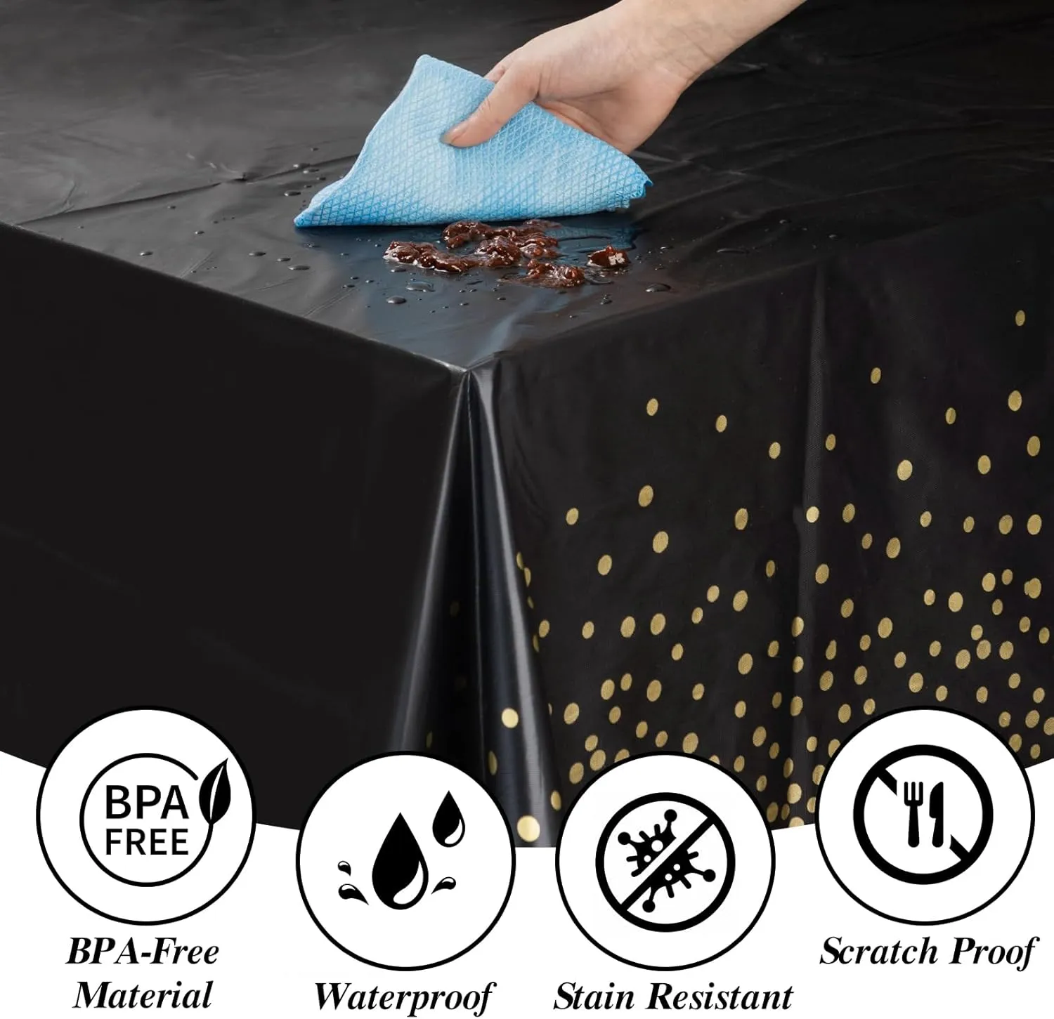Goodluck 352-Piece Dinnerware Set for 50 Guests - Black Square Plastic Plates with Gold Trim, Includes: 100 Plates, 50 Rolled Napkins, 50 Cups, 50 Cutlery Set and 2 Tablecloths
