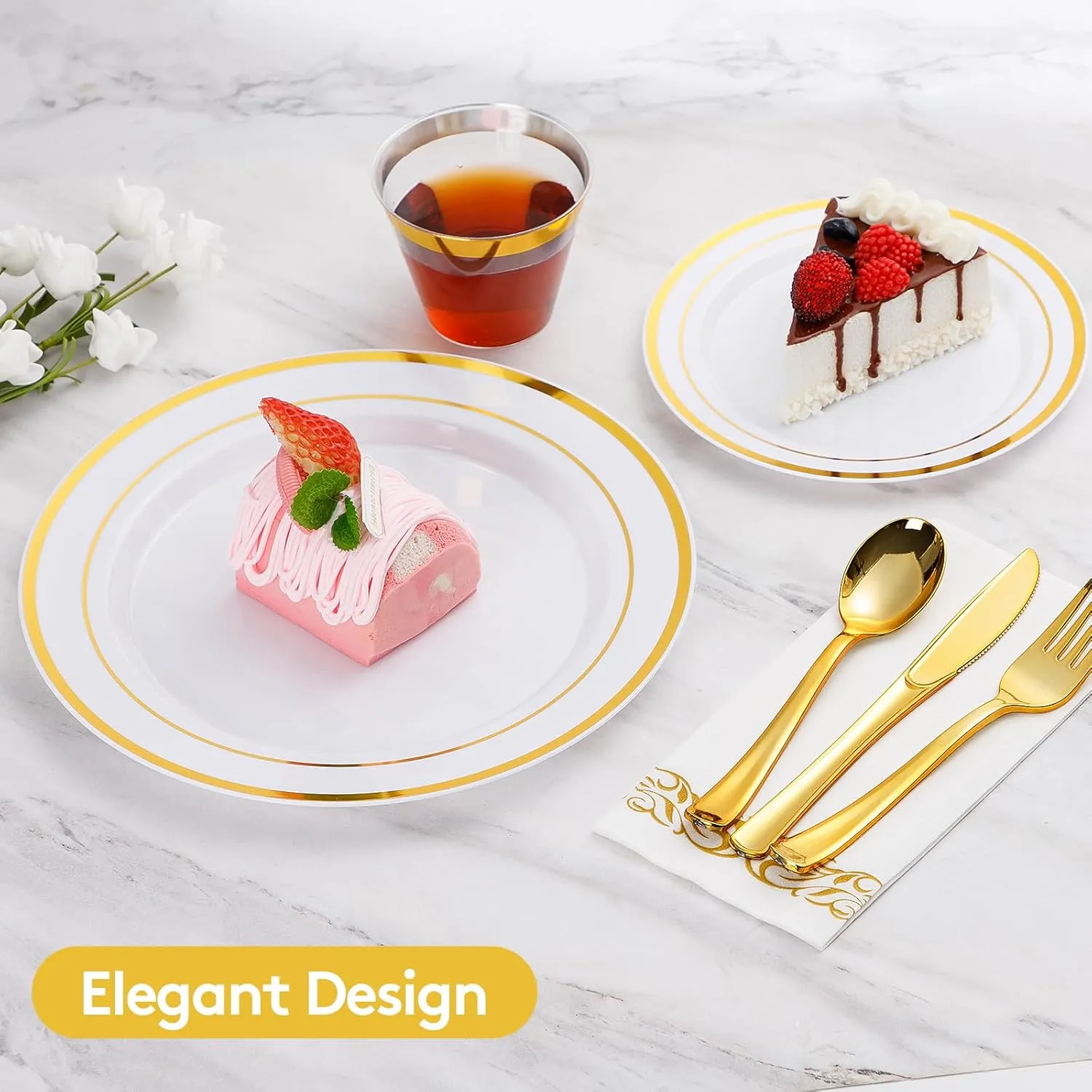 Goodluck 700 Piece Gold Dinnerware Set for 100 Guests, Disposable for Party, Include: 100 Gold Rim Dinner Plates, 100 Dessert Plates, 100 Paper Napkins, 100 Cups, 100 Plastic Silverware Set