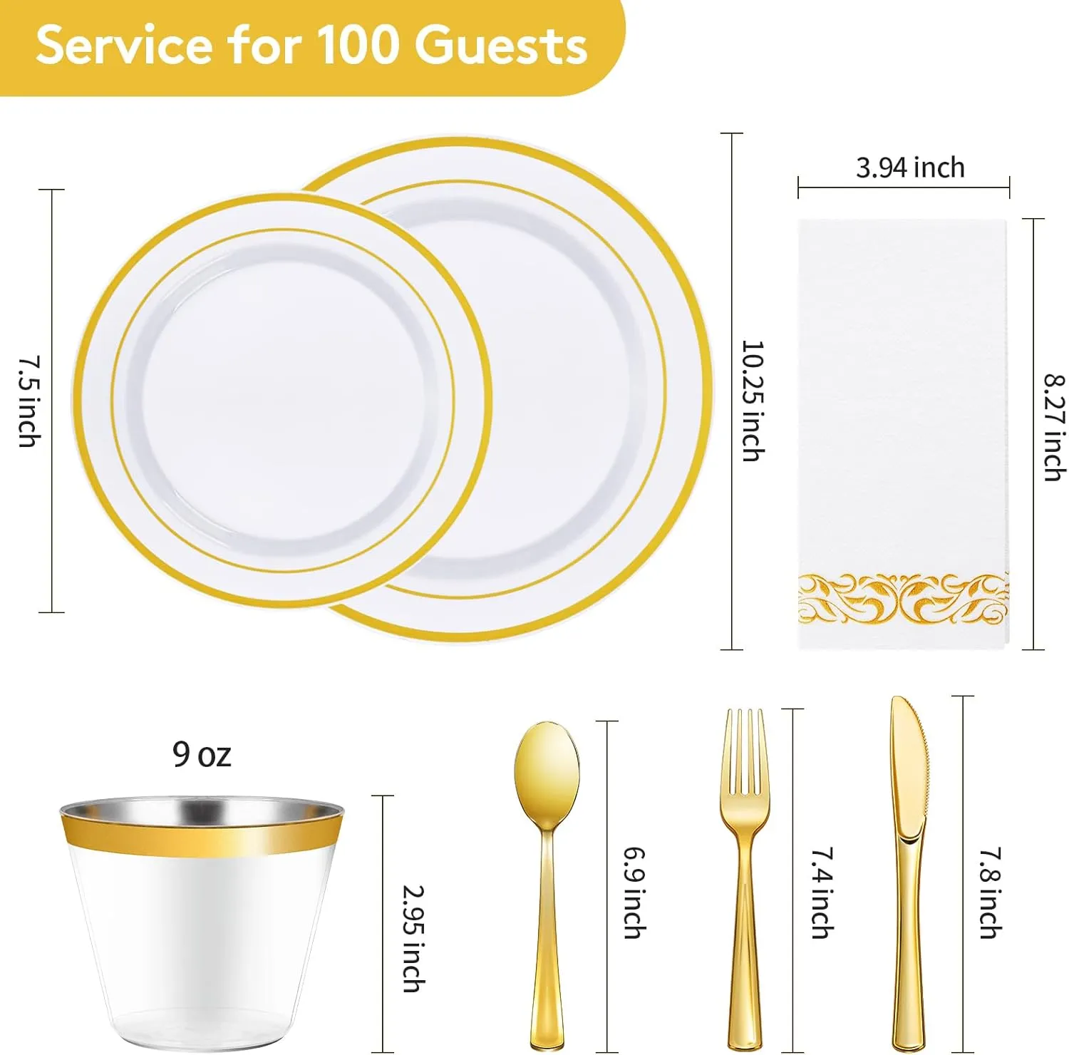 Goodluck 700 Piece Gold Dinnerware Set for 100 Guests, Disposable for Party, Include: 100 Gold Rim Dinner Plates, 100 Dessert Plates, 100 Paper Napkins, 100 Cups, 100 Plastic Silverware Set