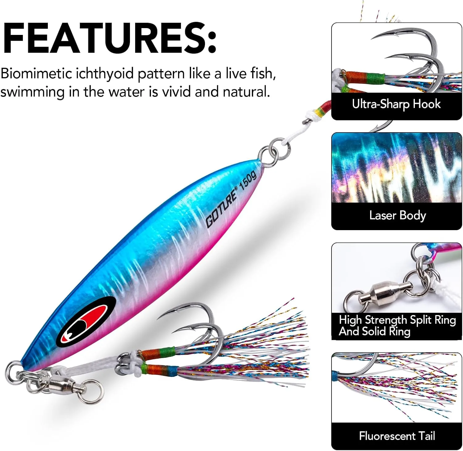 Goture Slow Flat Fall Luminous Lead Vertical Saltwater Artificial Lure Jig Fishing Lure with Two Assist Mustad Hook for Tuna Kingfish Bass Salmon