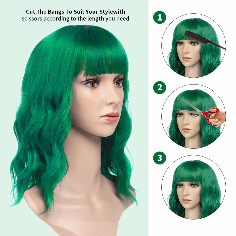 Green Wig and Sunglasses Set - 15 Inch Wavy Wig With Bangs - Heat Resistant Shoulder Length Curly Bob Wigs for Women - Bachelorette Party Costume Cosplay (Green)