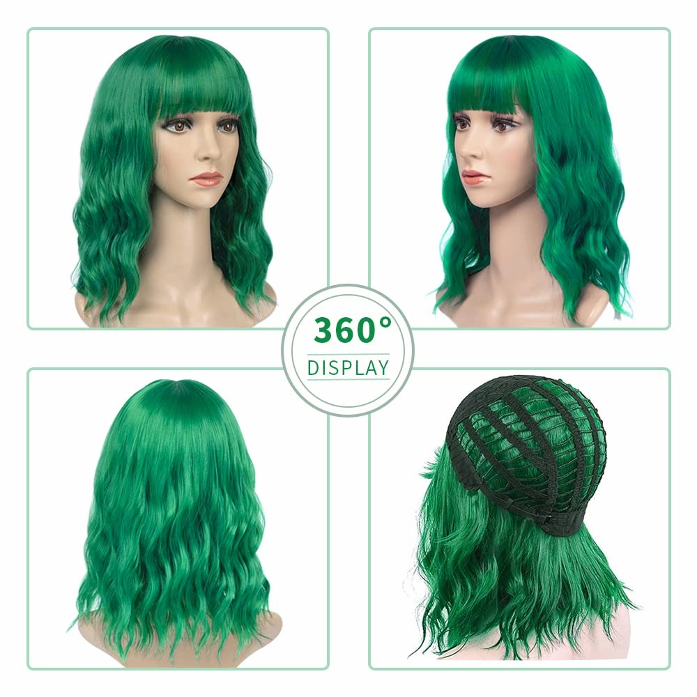 Green Wig and Sunglasses Set - 15 Inch Wavy Wig With Bangs - Heat Resistant Shoulder Length Curly Bob Wigs for Women - Bachelorette Party Costume Cosplay (Green)