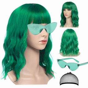 Green Wig and Sunglasses Set - 15 Inch Wavy Wig With Bangs - Heat Resistant Shoulder Length Curly Bob Wigs for Women - Bachelorette Party Costume Cosplay (Green)