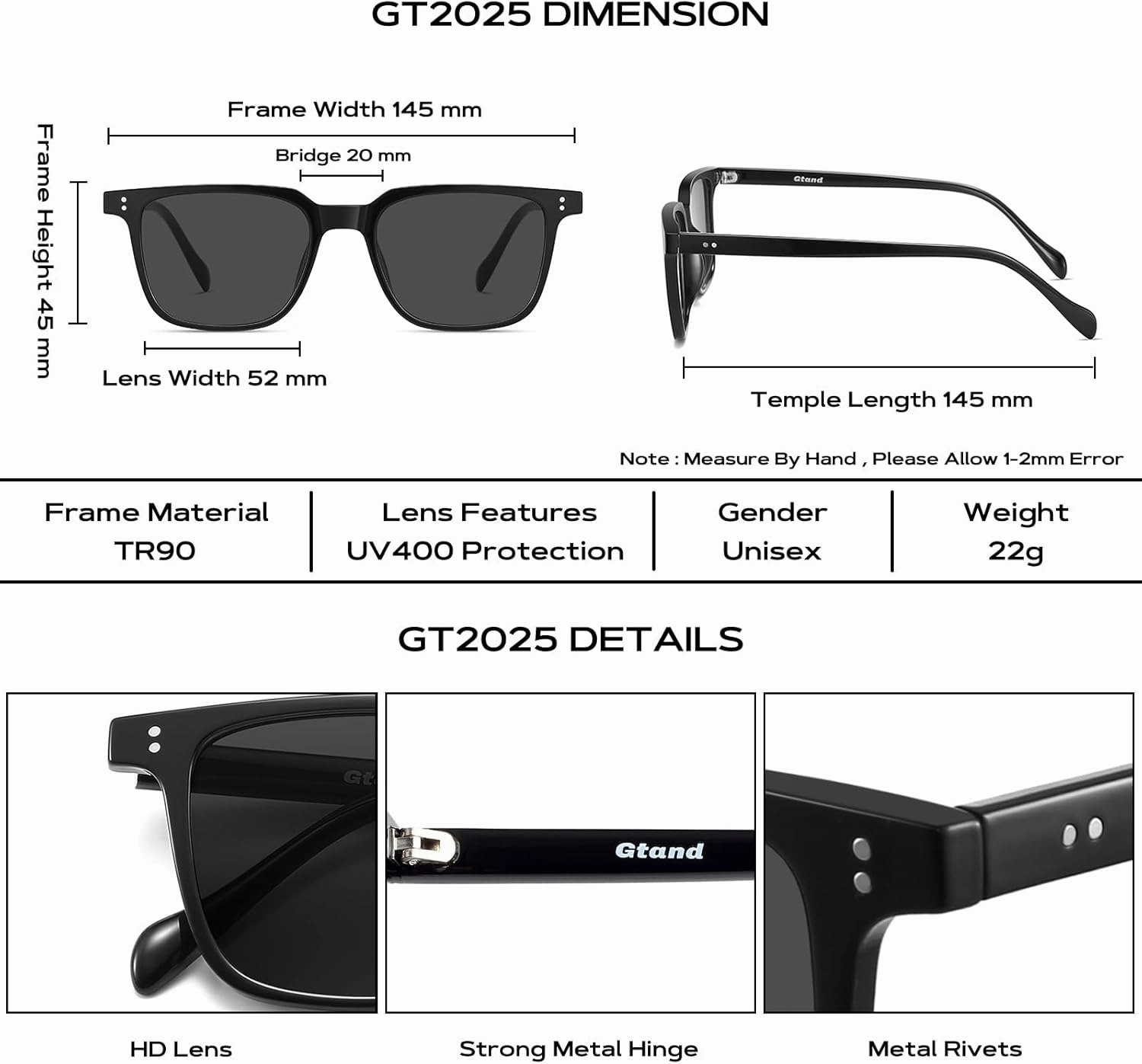 Gtand Unisex Vintage Retro Square Style Tinted Sunglasses For Men Women Fashion Rectangle Sun Glasses 52mm
